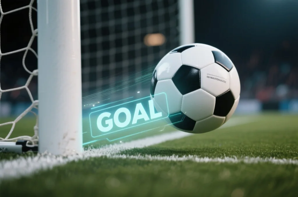 足球越过门线,数字图形清晰显示“进球”,体现门线技术的精确性。